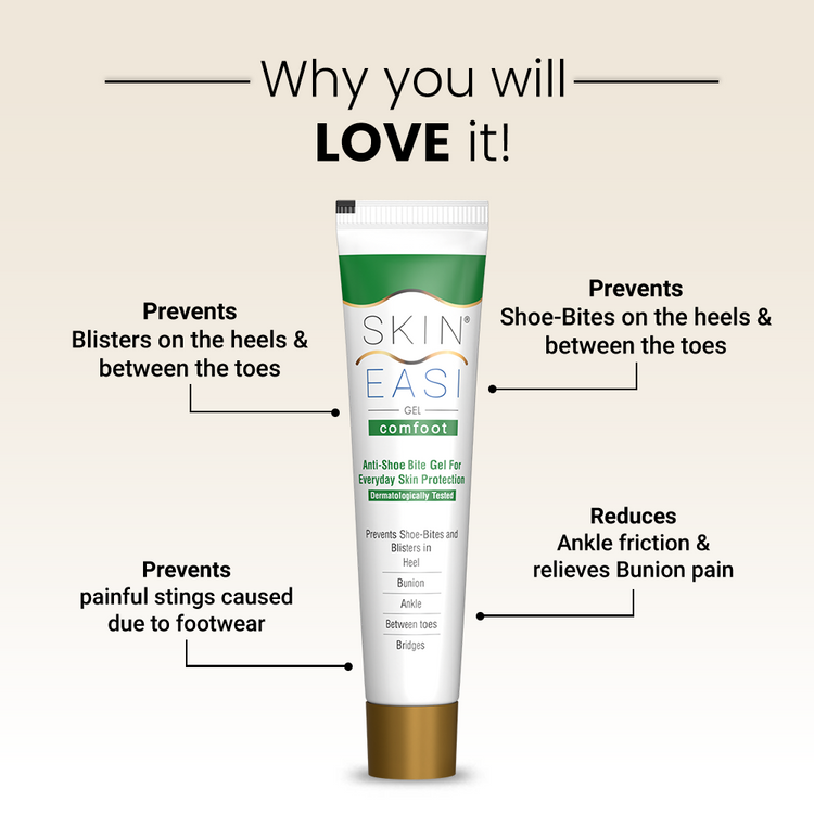 SKIN EASY gel tube with benefits listed on a beige background