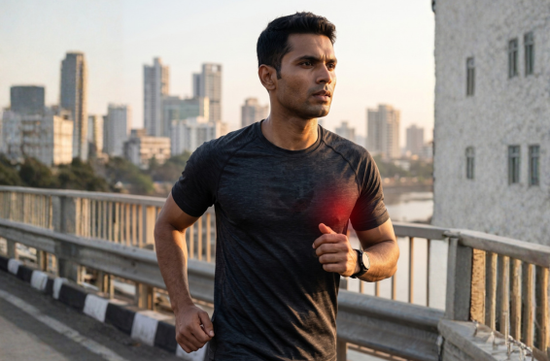 A male runner jogging outdoors on a bridge with a city skyline in the background, with a red highlighted area on his chest indicating nipple chafing or irritation during running.