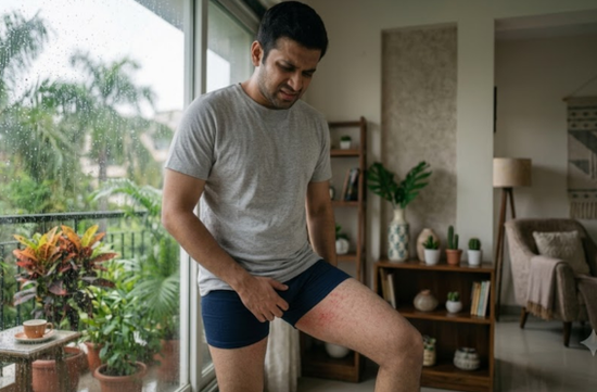 A man standing indoors near a balcony window looking down at a red, irritated rash on his upper inner thigh with an uncomfortable expression.