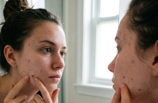A realistic skincare photo of a young woman in a bright bathroom, gently touching her cheeks while examining visible acne, acne marks, and uneven skin texture.