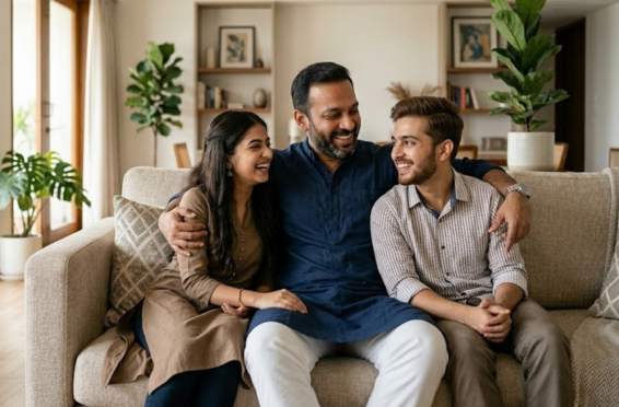 Father sitting on a sofa with his son and daughter at home, sharing a warm family moment in a comfortable living room setting.