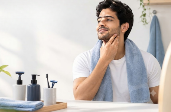 A man standing in front of a bathroom mirror, grooming his beard after a shower, with a towel around his neck and personal care products on the counter.