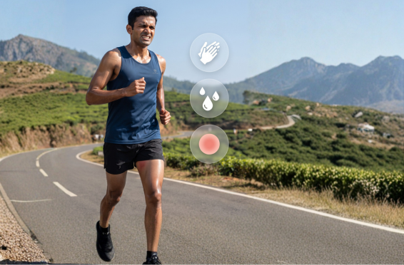 A runner jogging on a scenic mountain road, with icons representing friction protection, sweat/moisture protection, and skin comfort.