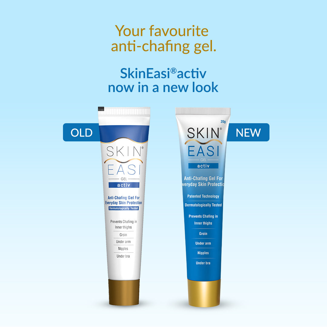 SkinEasi Activ anti-chafing gel showing new and old packaging designs side by side.