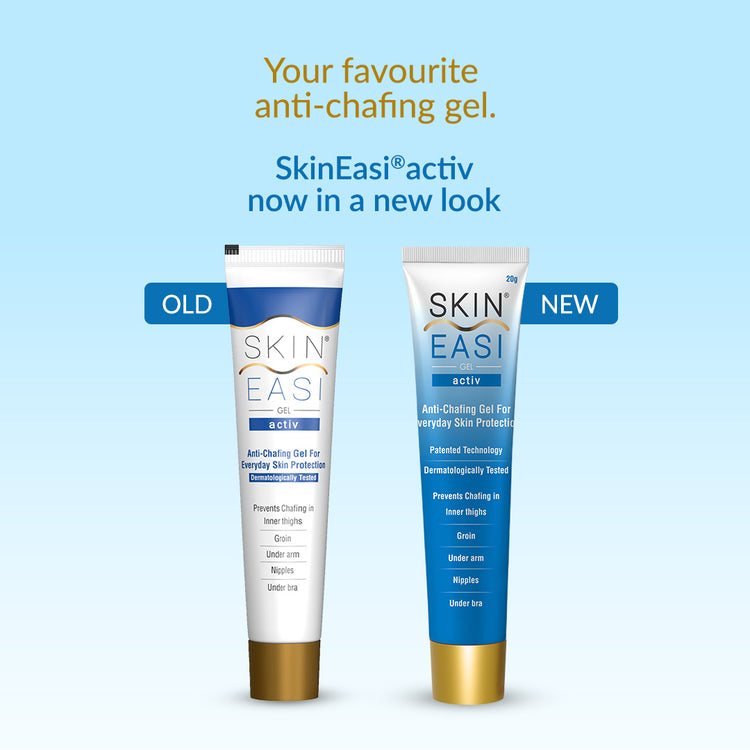 SkinEasi Activ anti-chafing gel showing new and old packaging designs side by side.
