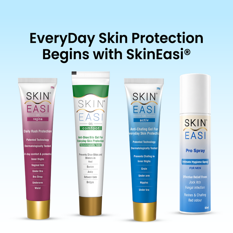 SkinEasi Regina Gel, Comfoot Gel, Activ Gel, and Pro Spray for everyday skin protection against rashes, chafing, and irritation.
