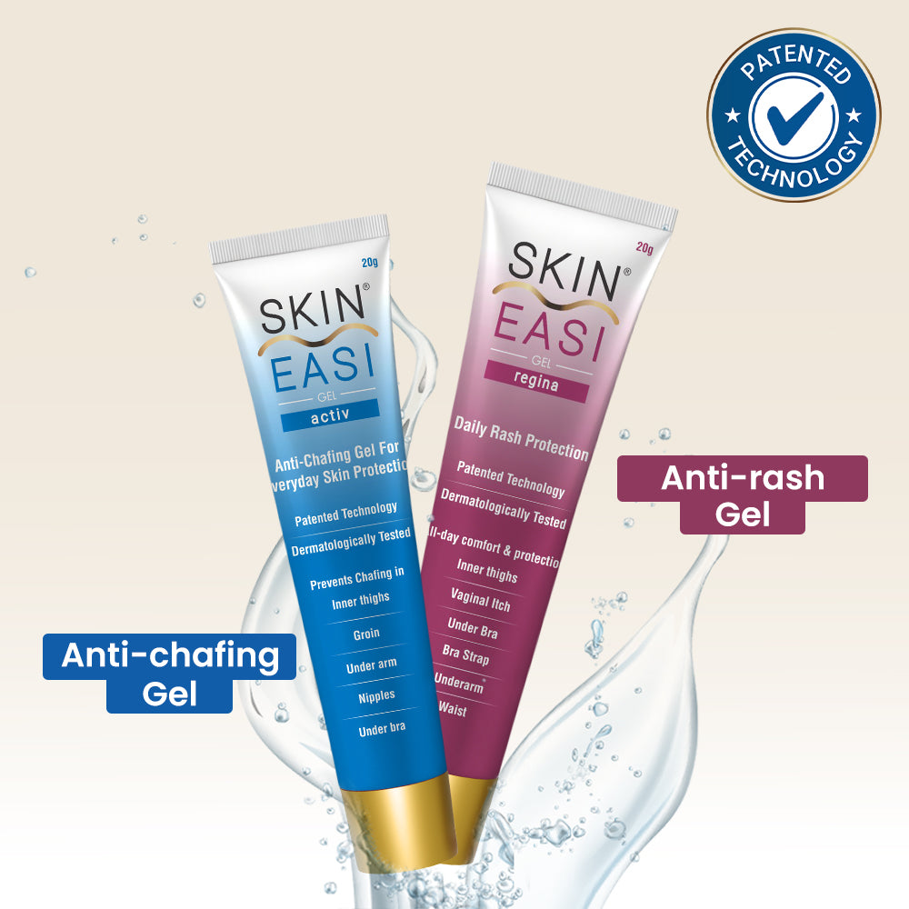 SkinEasi anti-chafing gel and anti-rash gel tubes with water splash graphics.
