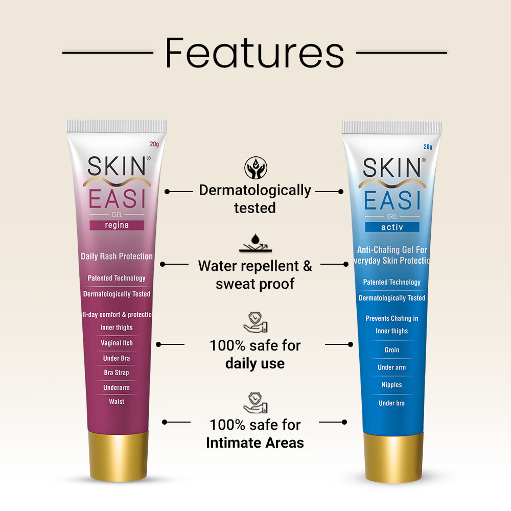SkinEasi Regina and SkinEasi Activ gels with product features listed.
