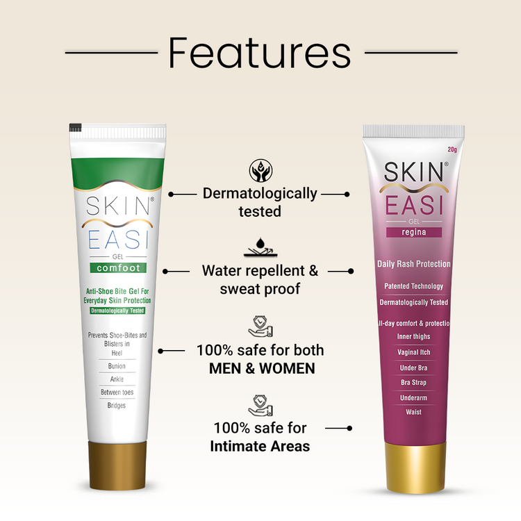 SkinEasi comfoot and rash prevention gel with product features listed alongside.
