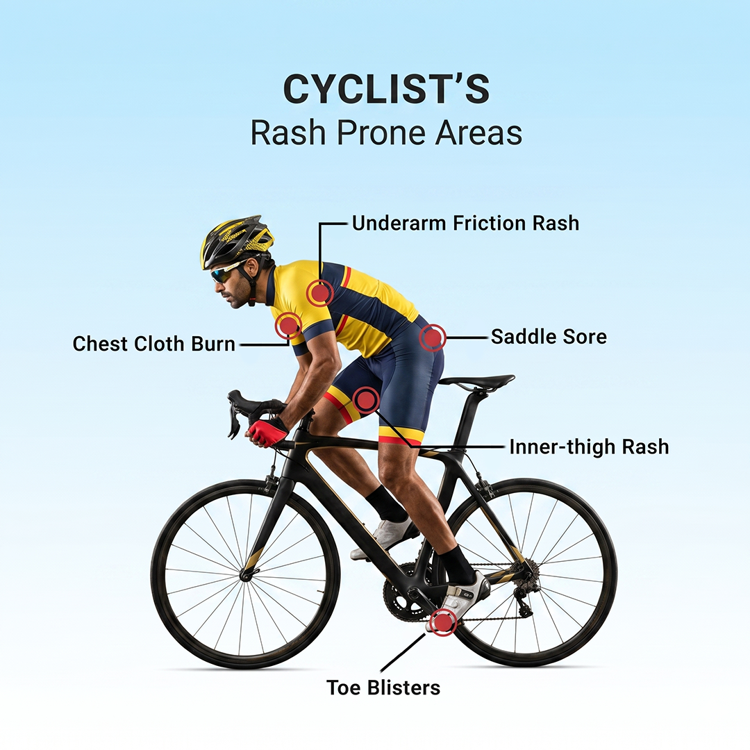 Infographic showing a cyclist with highlighted rash-prone areas including underarms, chest, saddle area, inner thighs, and toes.
