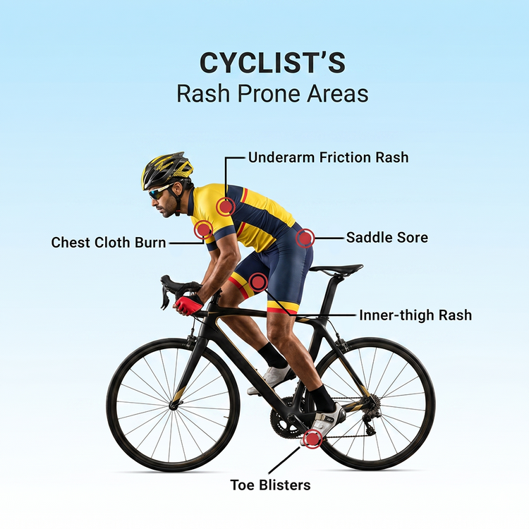 Infographic showing a cyclist with highlighted rash-prone areas including underarms, chest, saddle area, inner thighs, and toes.

