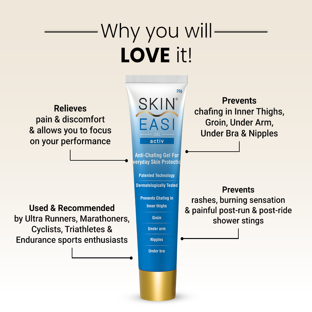 SkinEasi Activ anti-chafing gel with product benefits listed around the tube.
