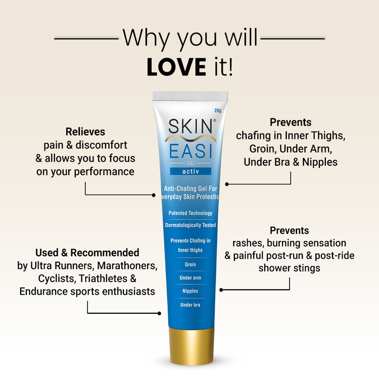 SkinEasi Activ anti-chafing gel with product benefits listed around the tube.
