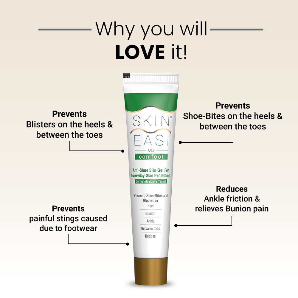 SKIN EASY gel tube with benefits listed on a beige background