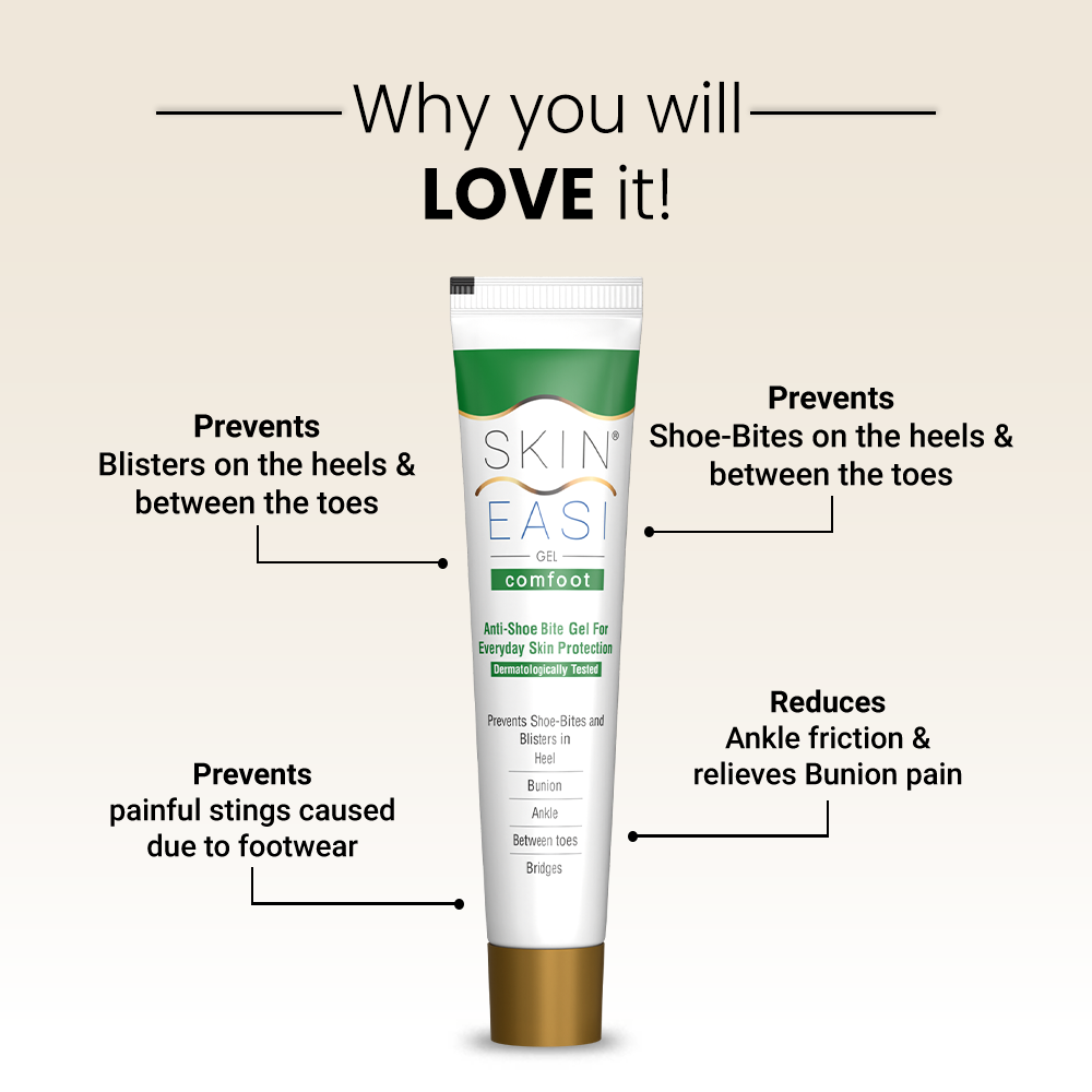 SkinEasi Comfoot shoe bite gel with product benefits listed around the tube.
