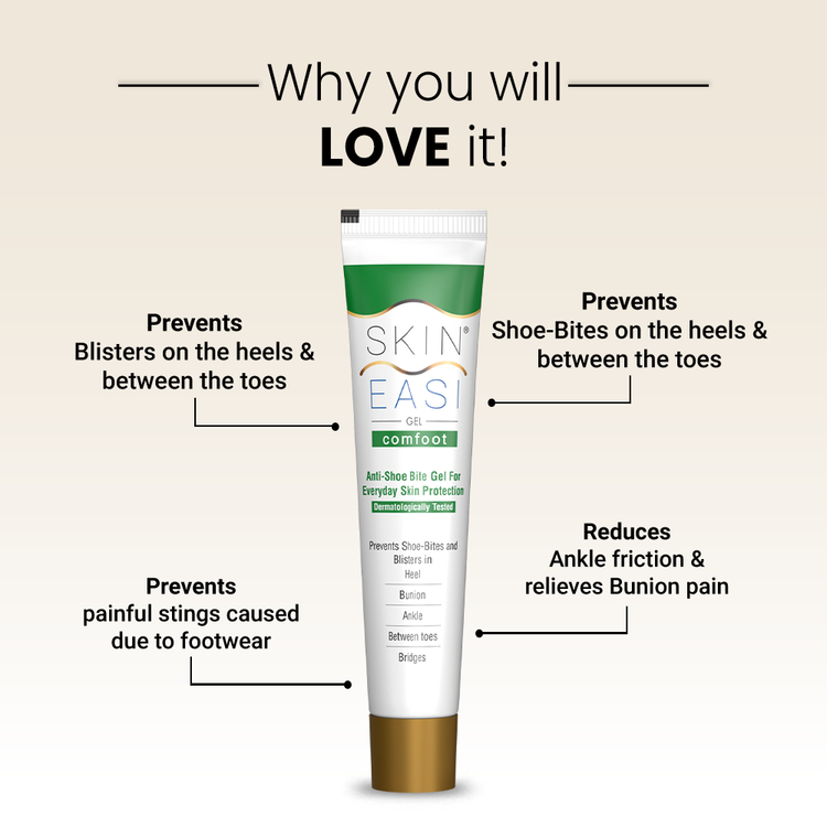 SkinEasi Comfoot shoe bite gel with product benefits listed around the tube.
