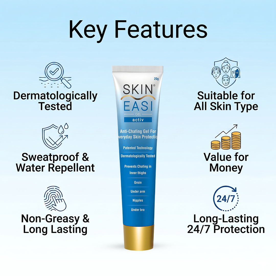 SkinEasi Activ anti-chafing gel with key product features listed around the tube.