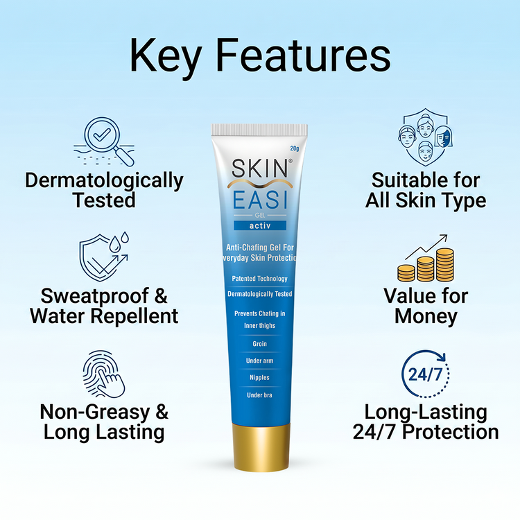 SkinEasi Activ anti-chafing gel with key product features listed around the tube.